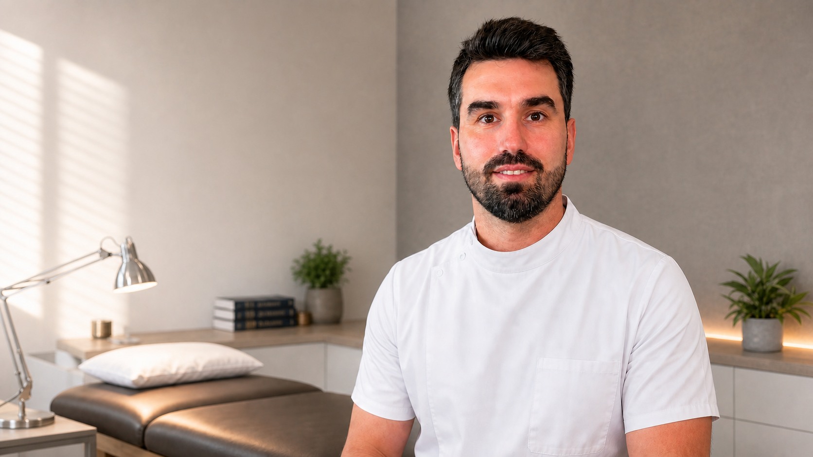 Mihai, osteopath at the BodyEase clinic in Twickenham, with a spine model