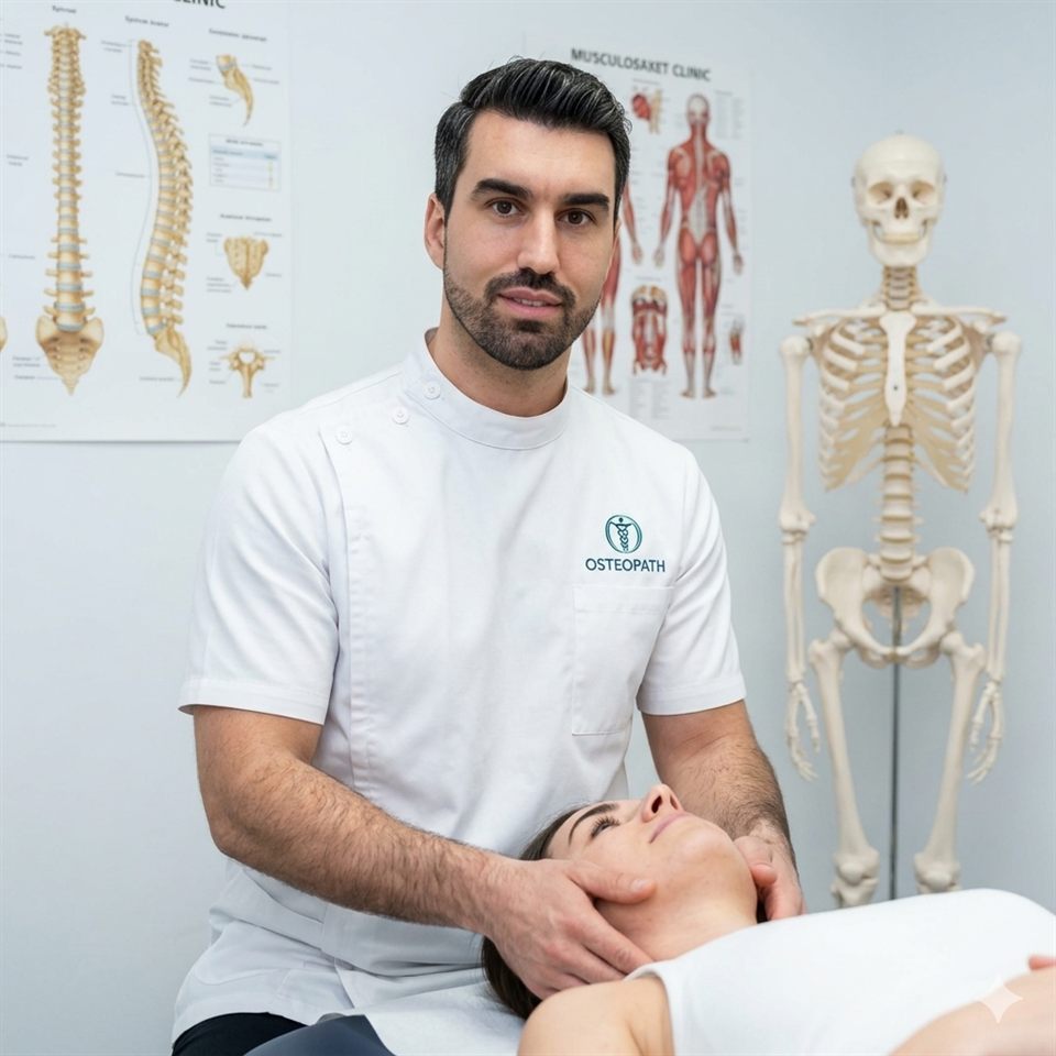 Mihai performing hands-on manual therapy on a patient's neck at the BodyEase clinic in Twickenham